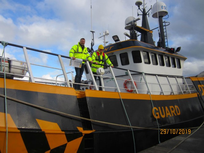 2 men standing on a guard boat