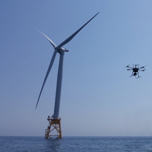 drone flying around a wind farm